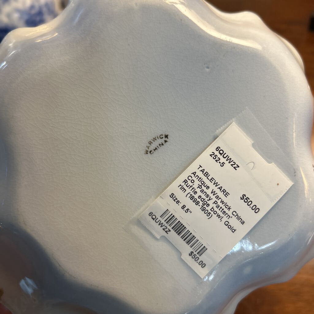 Antique Warwick China Co, 'Pansy Pattern' Ruffle edge bowl, Gold rim (1898-1905)