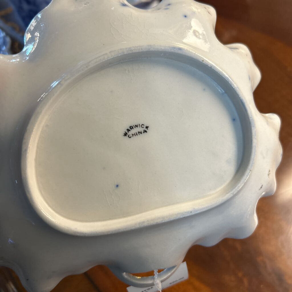 Antique Warwick China Co Flow blue floral serving trinket dish with Irregular scallop edge, Gold rim. (1887-1951)