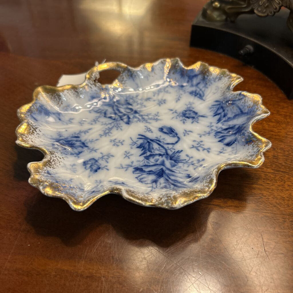 Antique Warwick China Co, Flow Blue Porcelain Trinket Dish 'Pansy Pattern" Gold edge.(1892-1910)