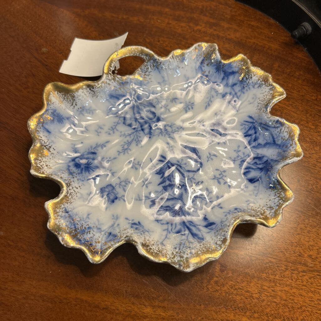 Antique Warwick China Co, Flow Blue Porcelain Trinket Dish 'Pansy Pattern" Gold edge.(1892-1910)