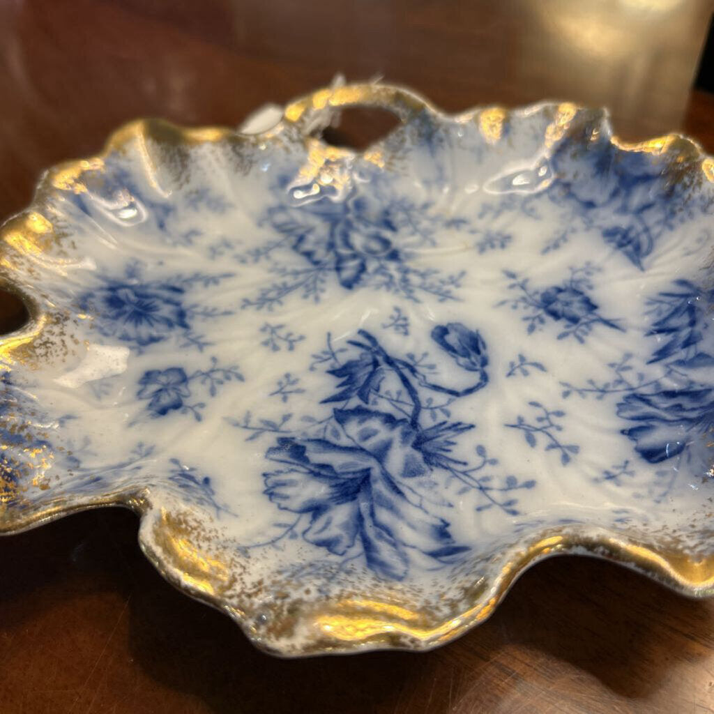 Antique Warwick China Co, Flow Blue Porcelain Trinket Dish 'Pansy Pattern" Gold edge.(1892-1910)