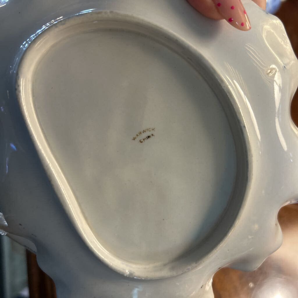 Antique Warwick China Co, Flow Blue Porcelain Trinket Dish 'Pansy Pattern" Gold edge.(1892-1910)
