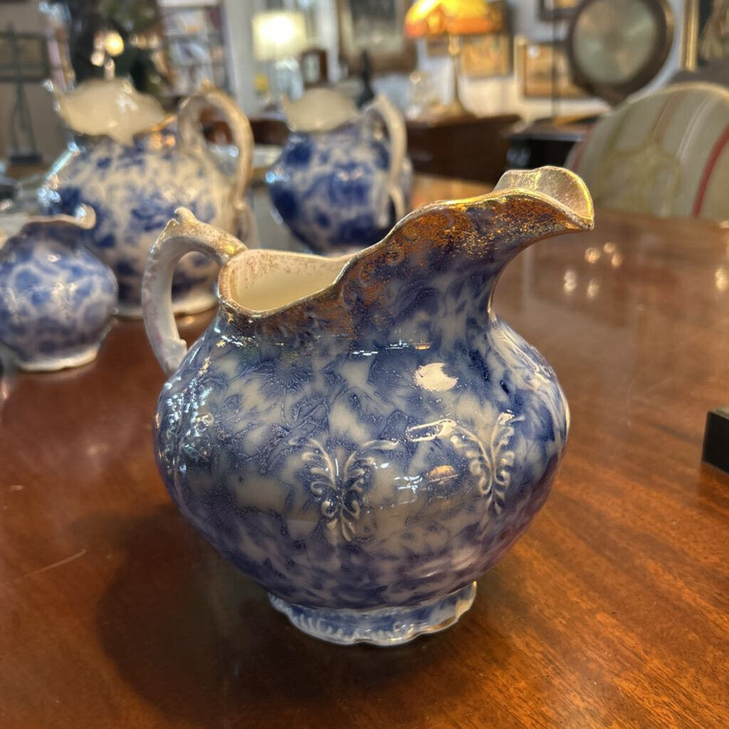 Antique Warwick China Flow Blue "Pansy" Pitcher, Gold Rim. *as is* c.1890s