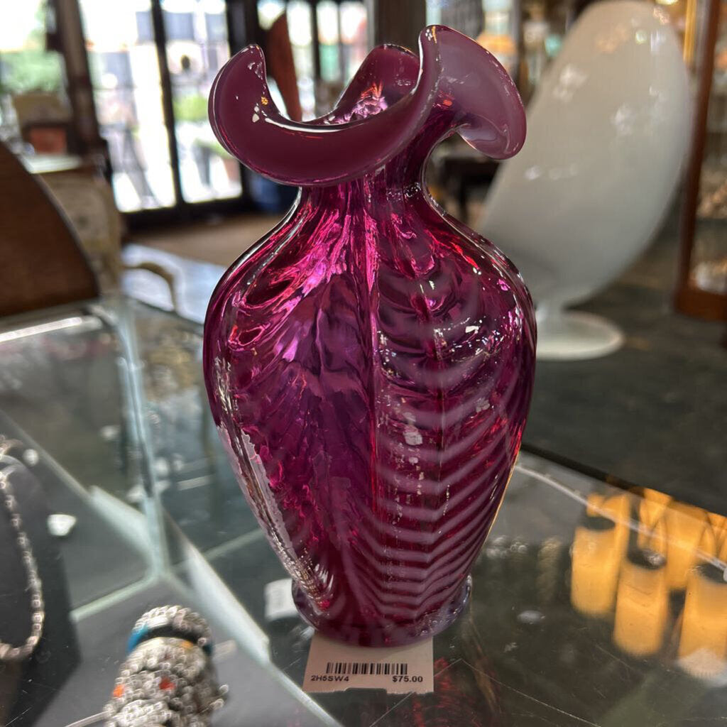 Vtg Fenton Cranberry Opalescent Drape Optic Vase