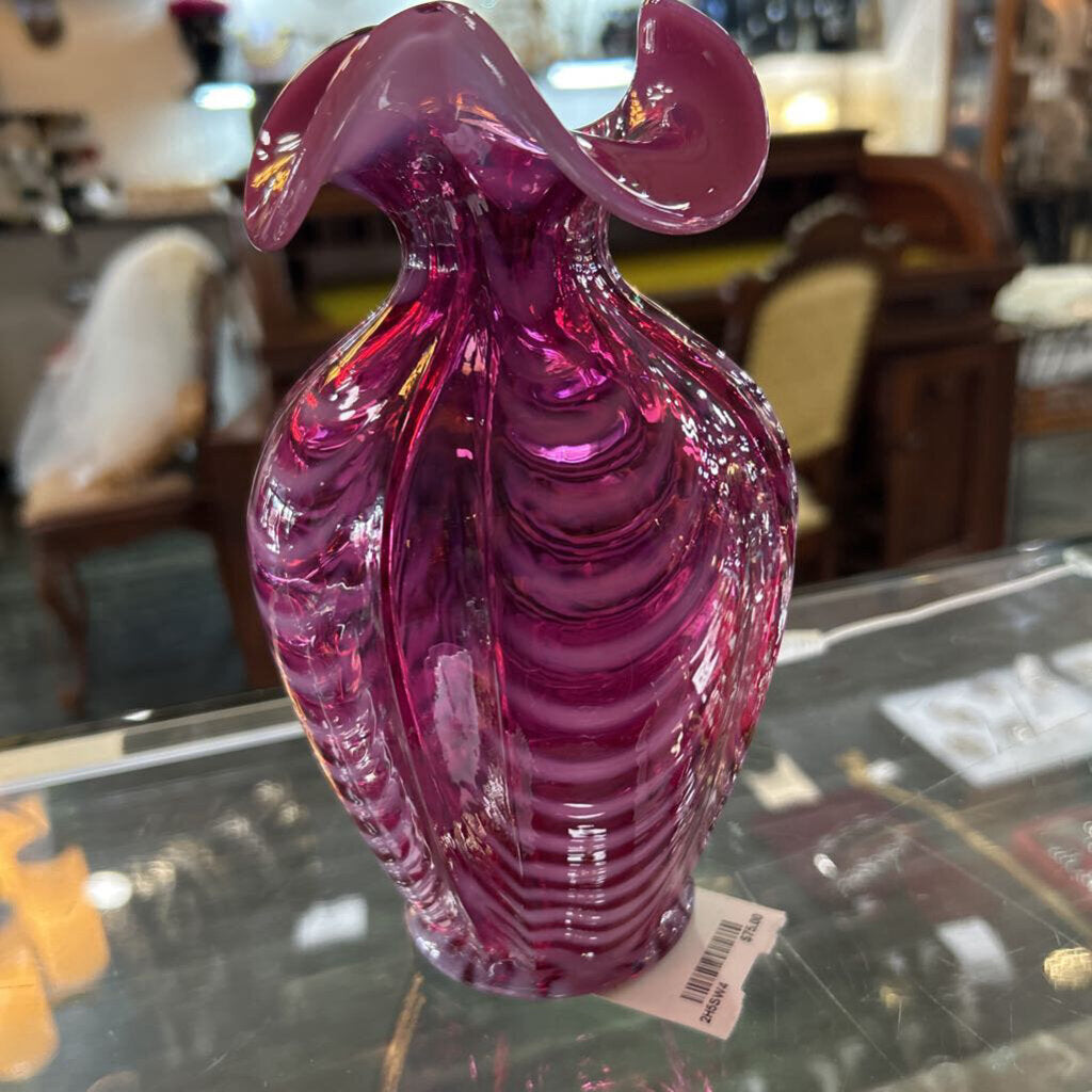 Vtg Fenton Cranberry Opalescent Drape Optic Vase