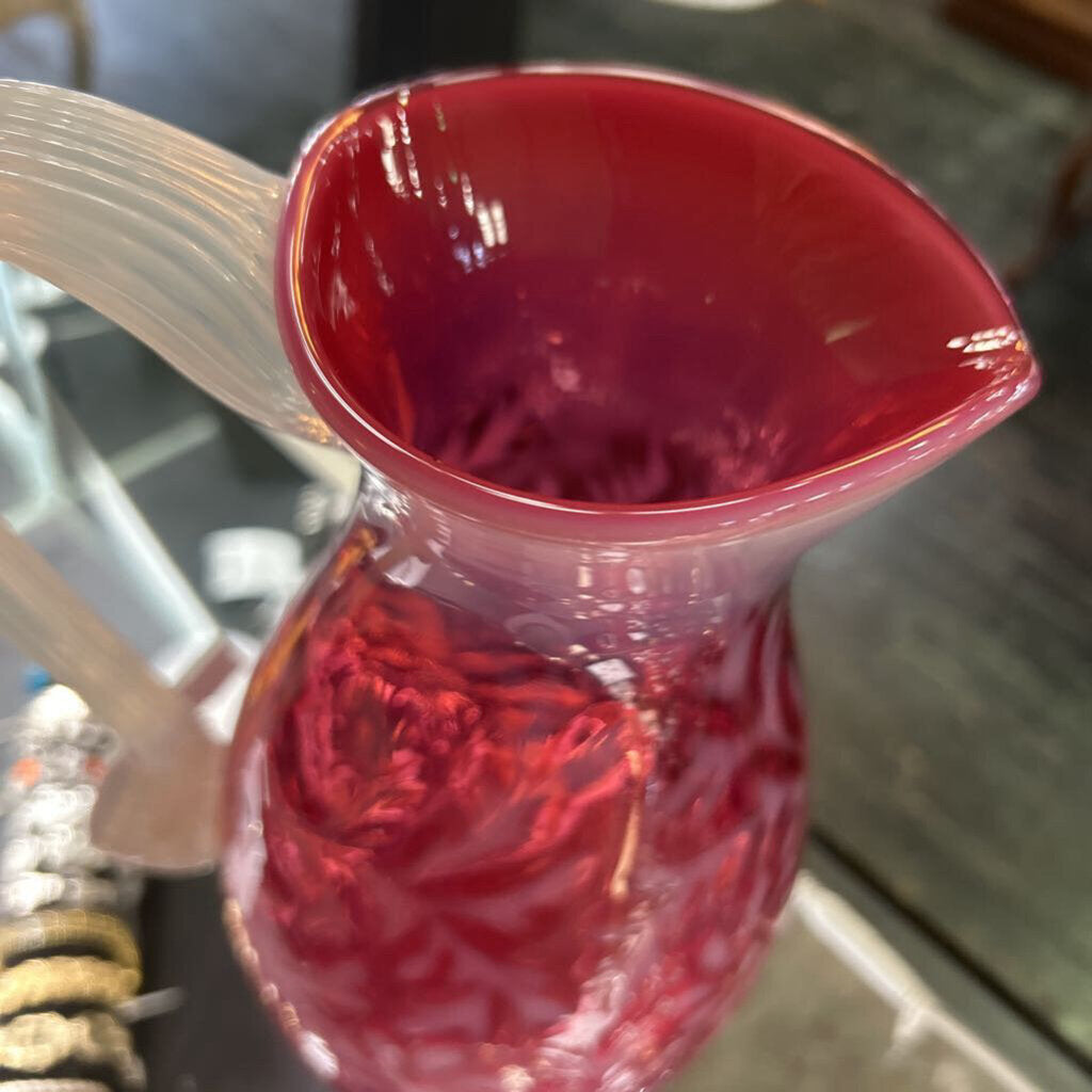 Vtg Fenton Cranberry Opalescent "Daisy & Fern" Glass Pitcher