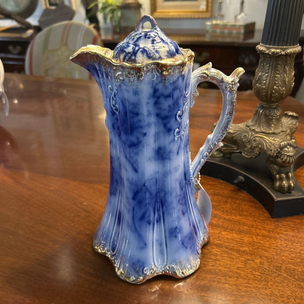 Antique Warwick China Floral flow blue, Chocolate Pot/coffee server, Gold Edge Detail. c.1890s
