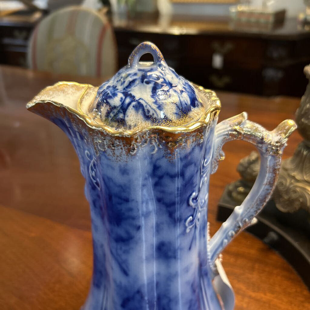 Antique Warwick China Floral flow blue, Chocolate Pot/coffee server, Gold Edge Detail. c.1890s