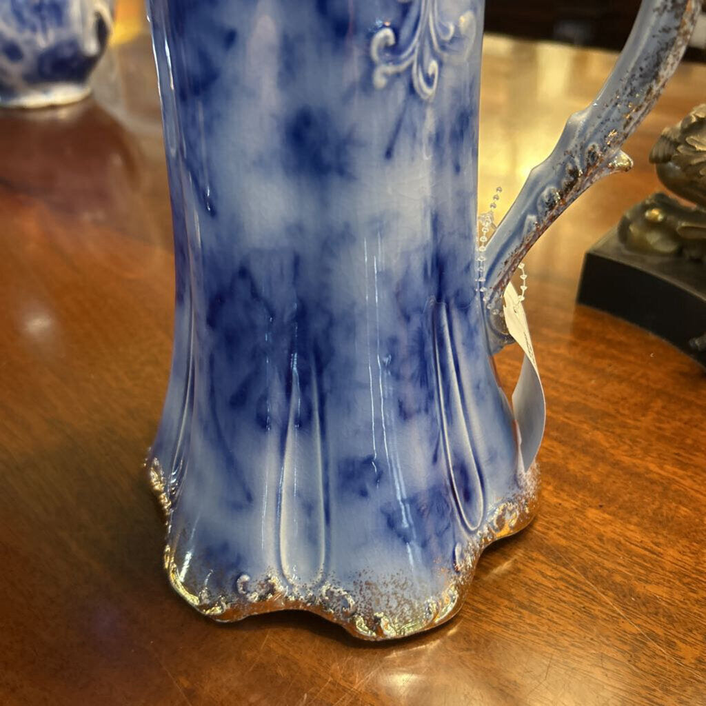 Antique Warwick China Floral flow blue, Chocolate Pot/coffee server, Gold Edge Detail. c.1890s