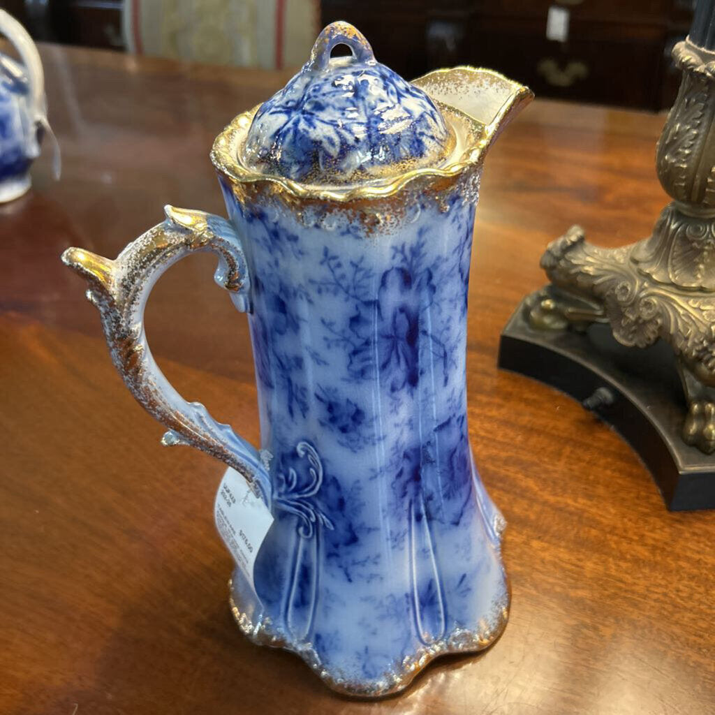 Antique Warwick China Floral flow blue, Chocolate Pot/coffee server, Gold Edge Detail. c.1890s