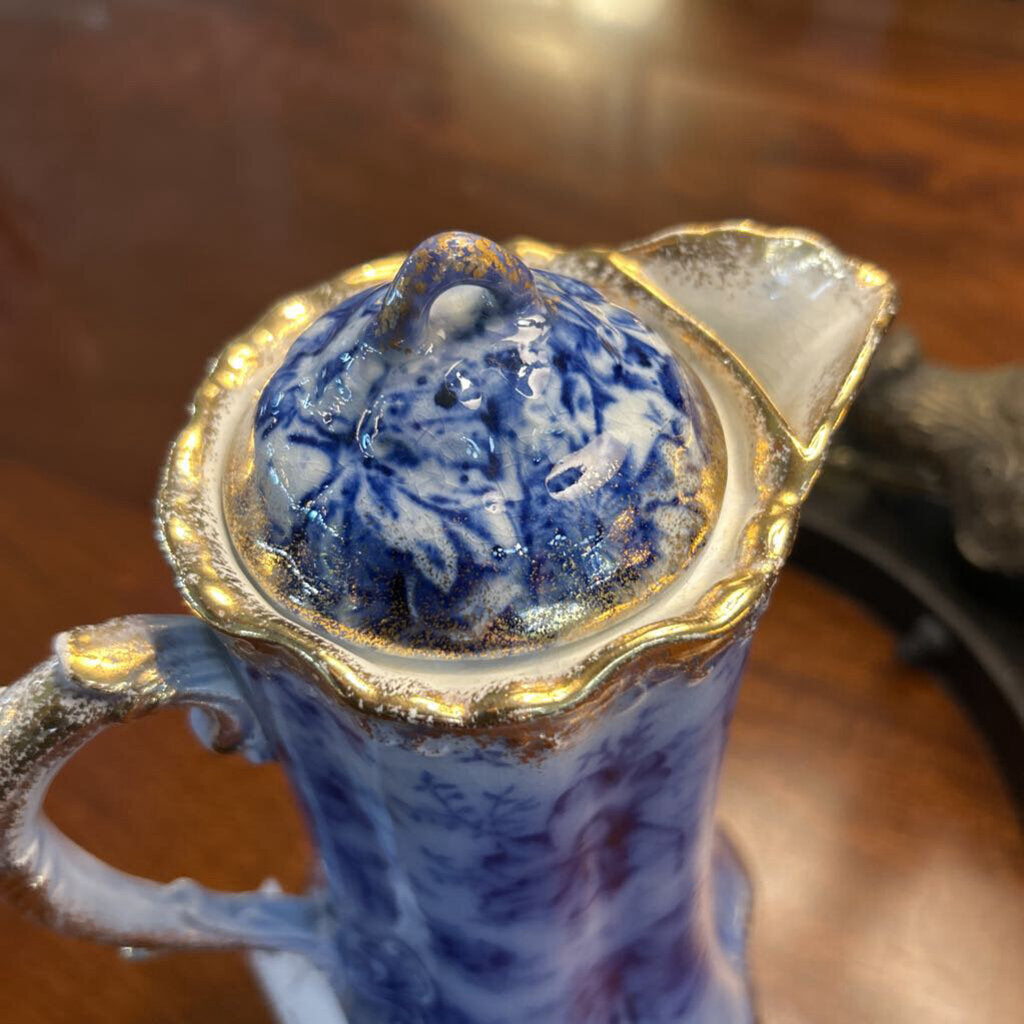 Antique Warwick China Floral flow blue, Chocolate Pot/coffee server, Gold Edge Detail. c.1890s