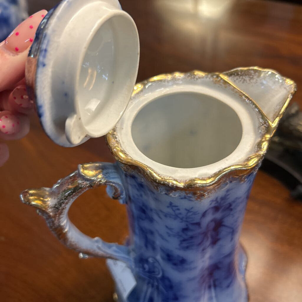 Antique Warwick China Floral flow blue, Chocolate Pot/coffee server, Gold Edge Detail. c.1890s