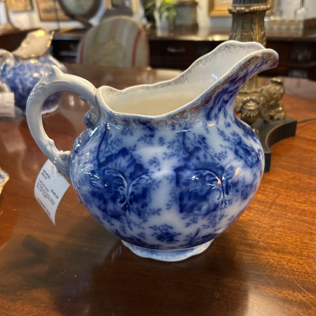 Antique Warwick China Co, Pitcher Floral Flow Blue 8'' c.1890