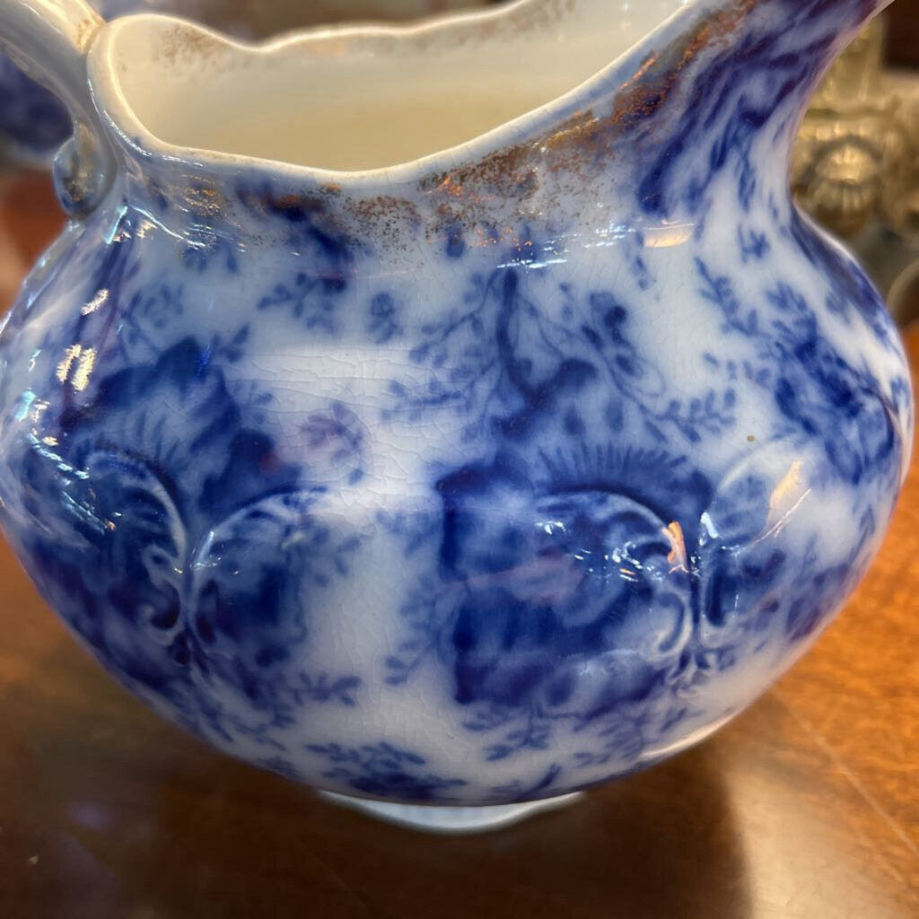 Antique Warwick China Co, Pitcher Floral Flow Blue 8'' c.1890