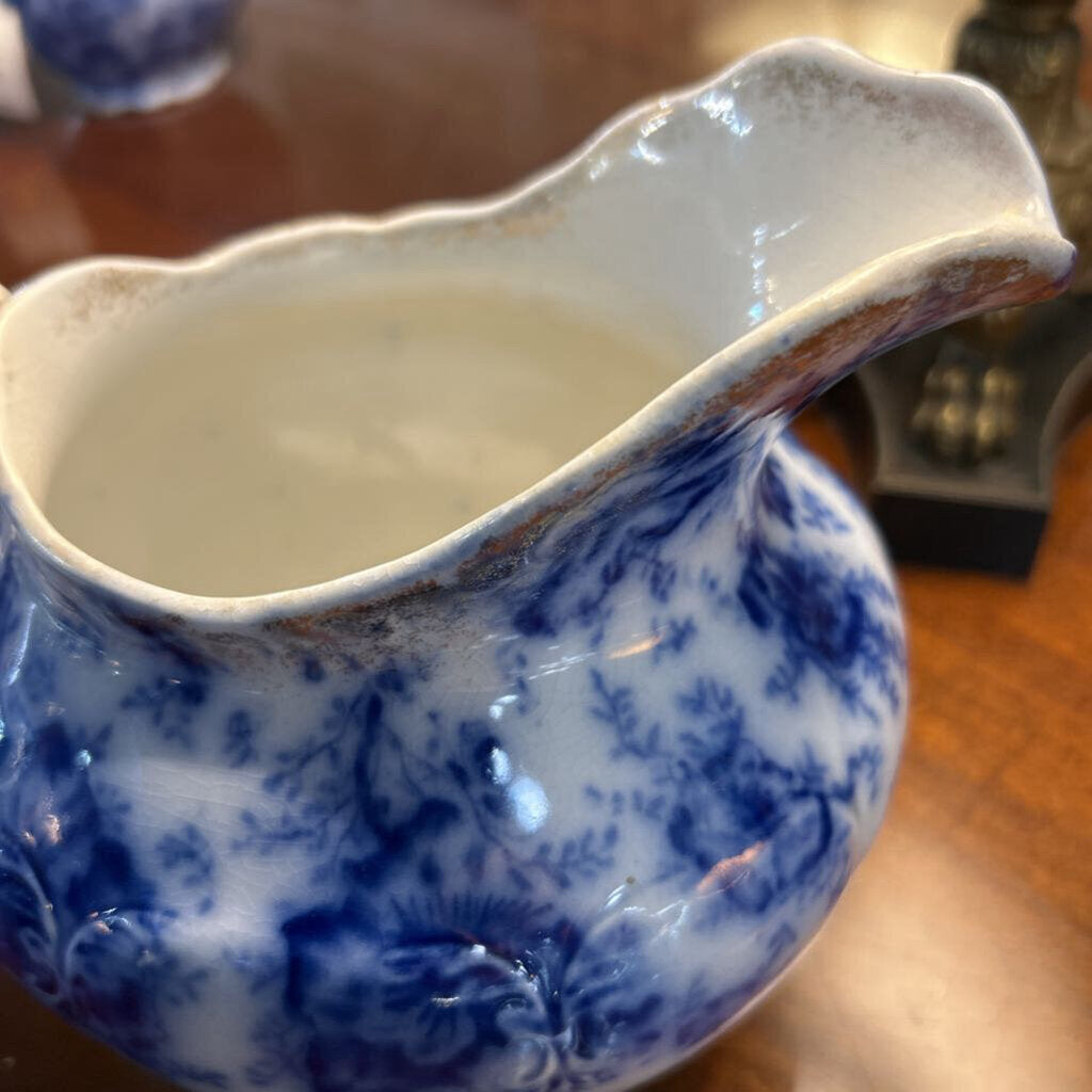 Antique Warwick China Co, Pitcher Floral Flow Blue 8'' c.1890