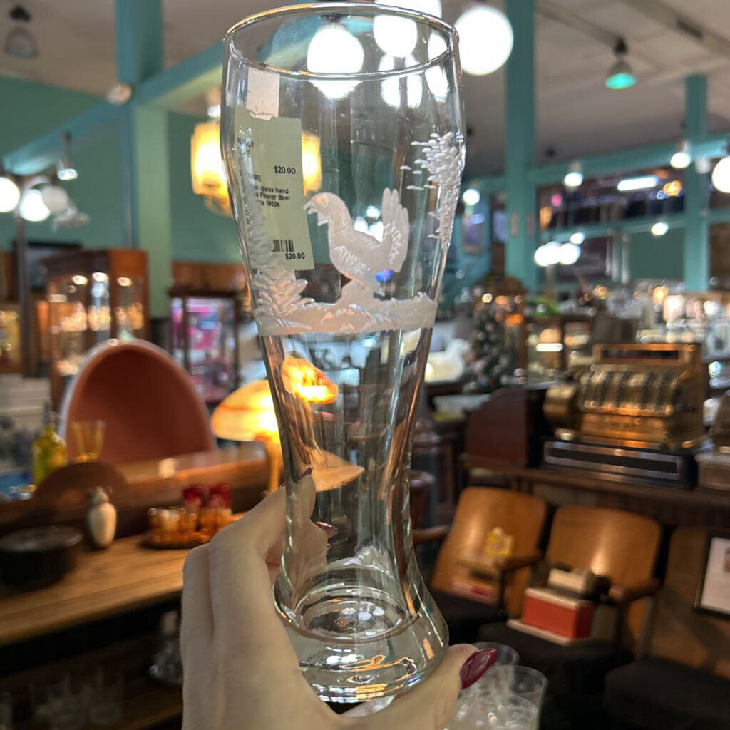 Bohemian glass hand engraved Pilsner Beer glass; circa 1950s Germany