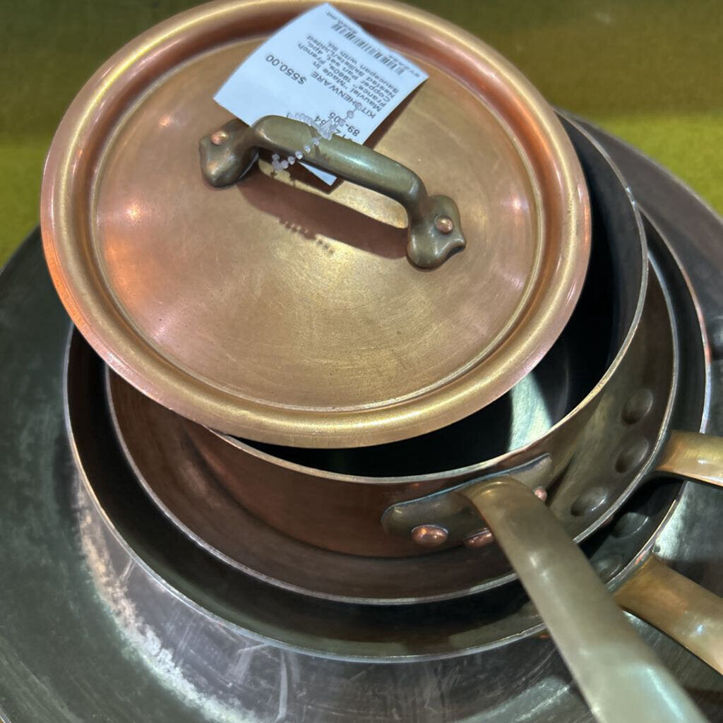 Mauviel "Made in France" 1960s, French Copper Pan set, 4pc, Nested Skillets/Lidded Saucepan with lid.