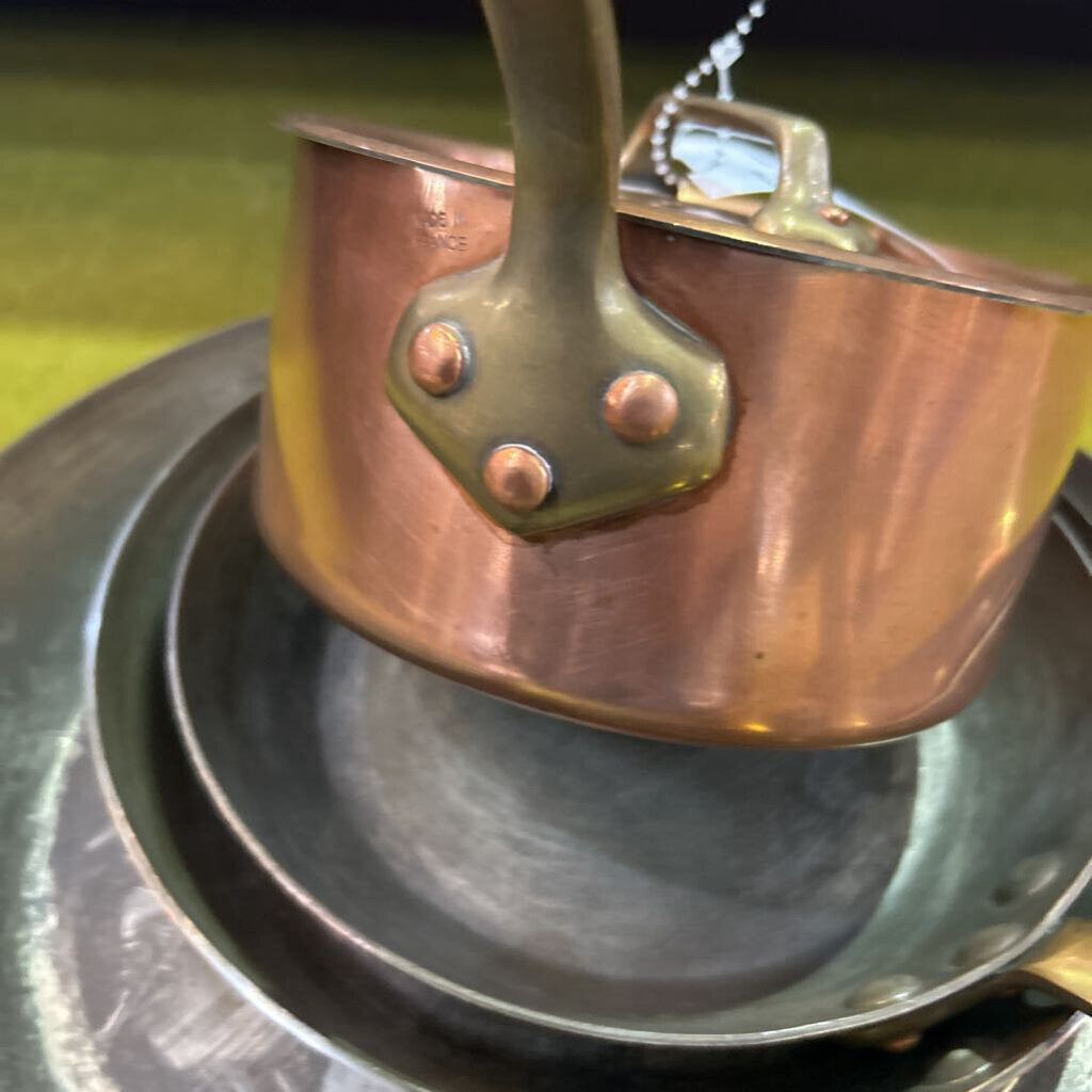 Mauviel "Made in France" 1960s, French Copper Pan set, 4pc, Nested Skillets/Lidded Saucepan with lid.