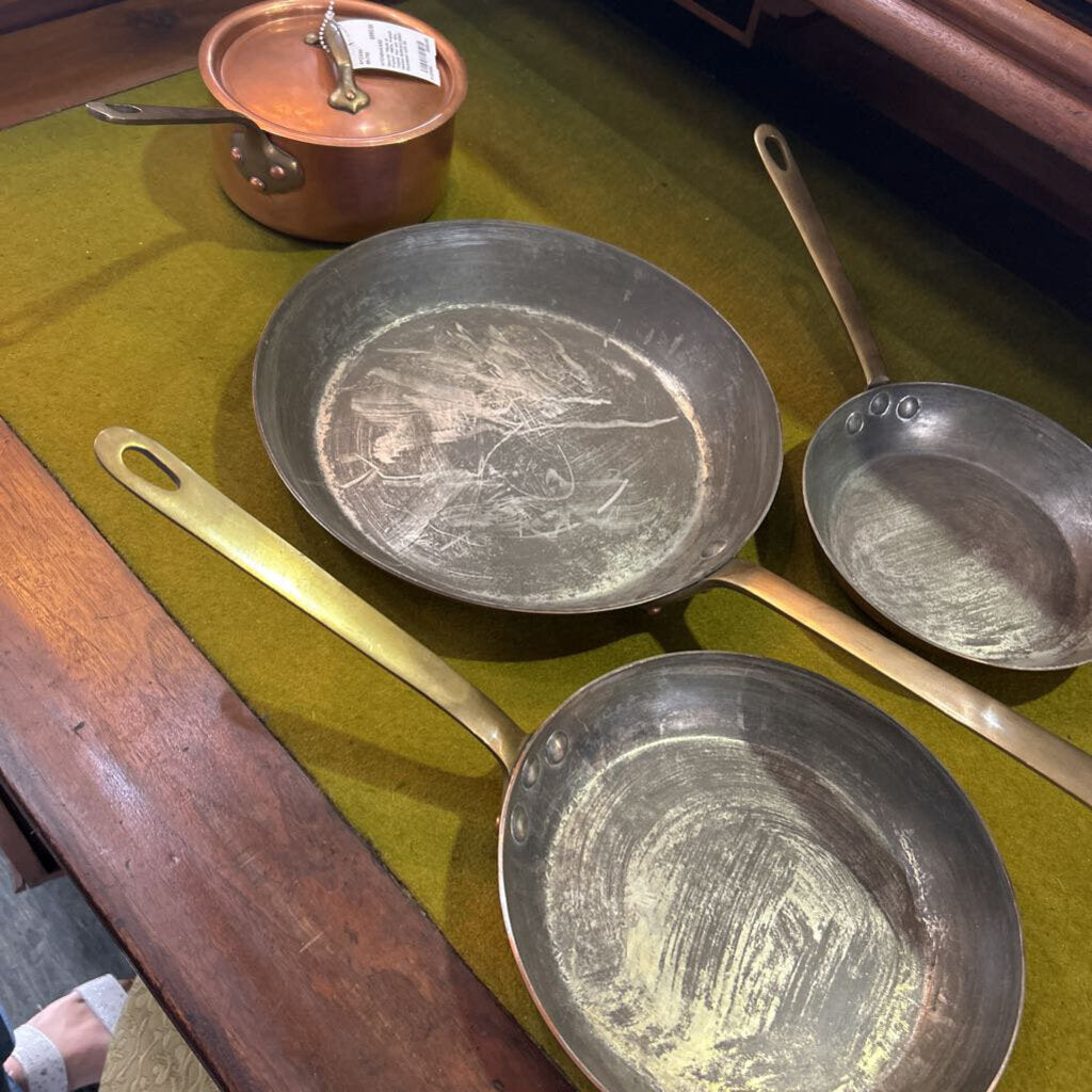 Mauviel "Made in France" 1960s, French Copper Pan set, 4pc, Nested Skillets/Lidded Saucepan with lid.
