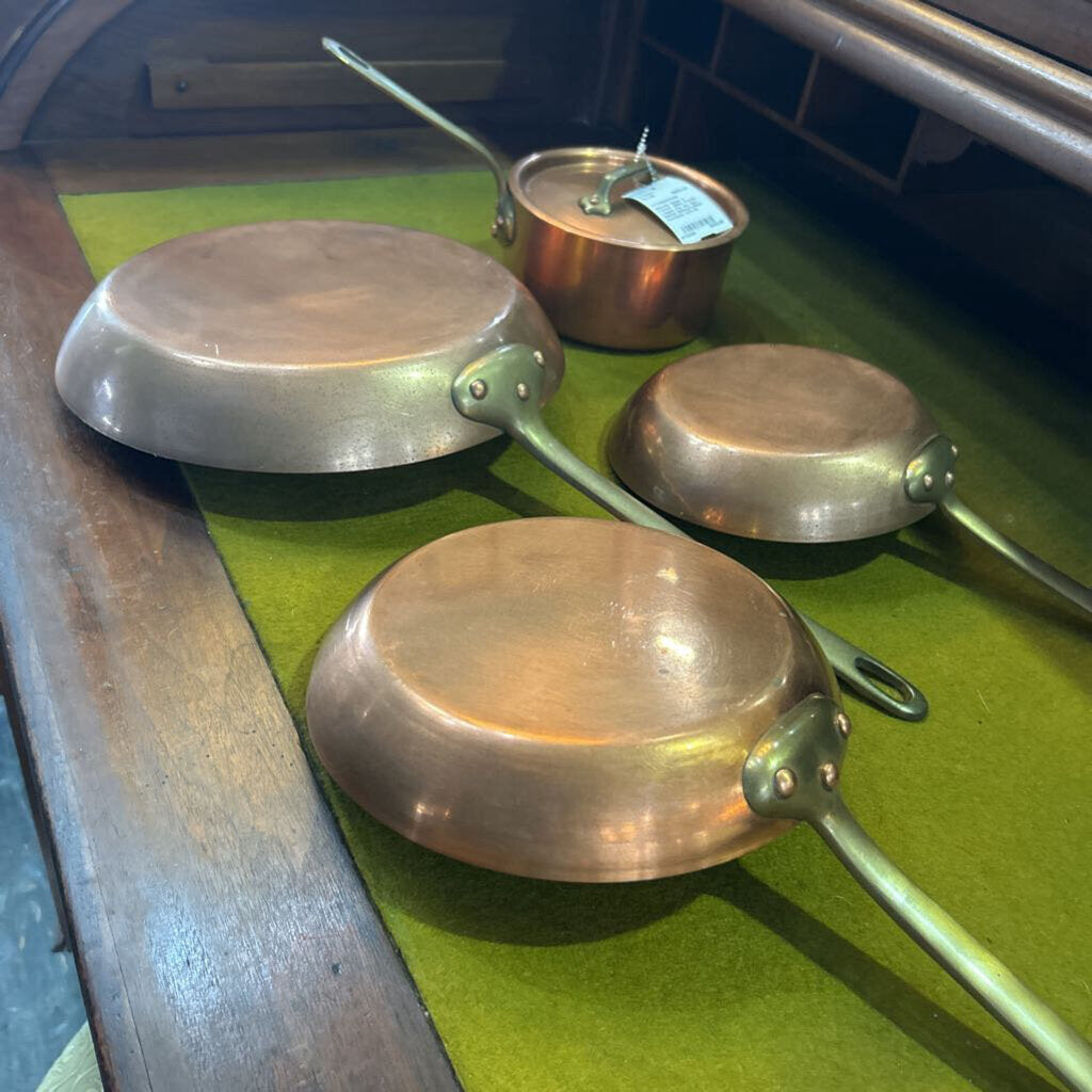 Mauviel "Made in France" 1960s, French Copper Pan set, 4pc, Nested Skillets/Lidded Saucepan with lid.