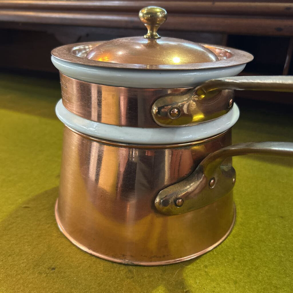 Bazar Francais "666" copper and ceramic double boiler. Manufactured in New York City 1940s-60s