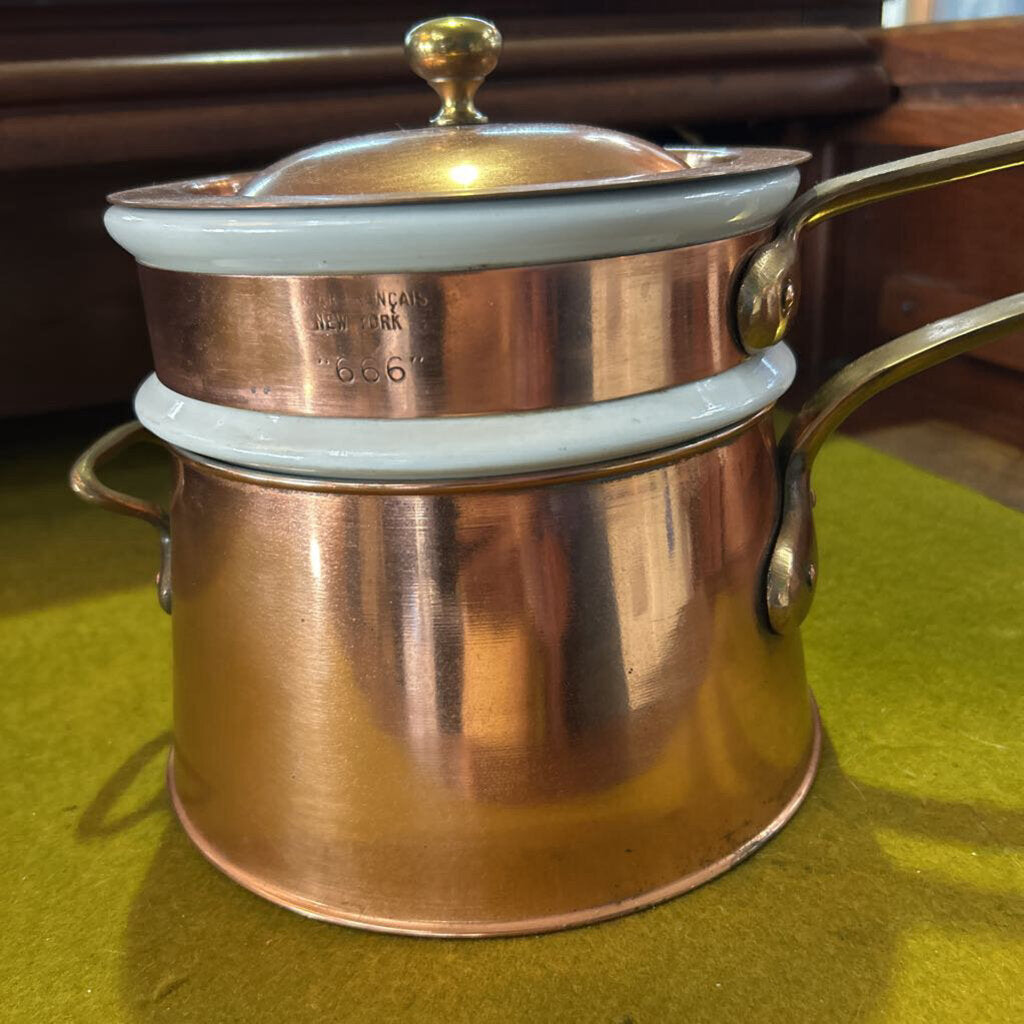 Bazar Francais "666" copper and ceramic double boiler. Manufactured in New York City 1940s-60s