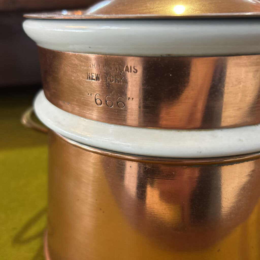 Bazar Francais "666" copper and ceramic double boiler. Manufactured in New York City 1940s-60s