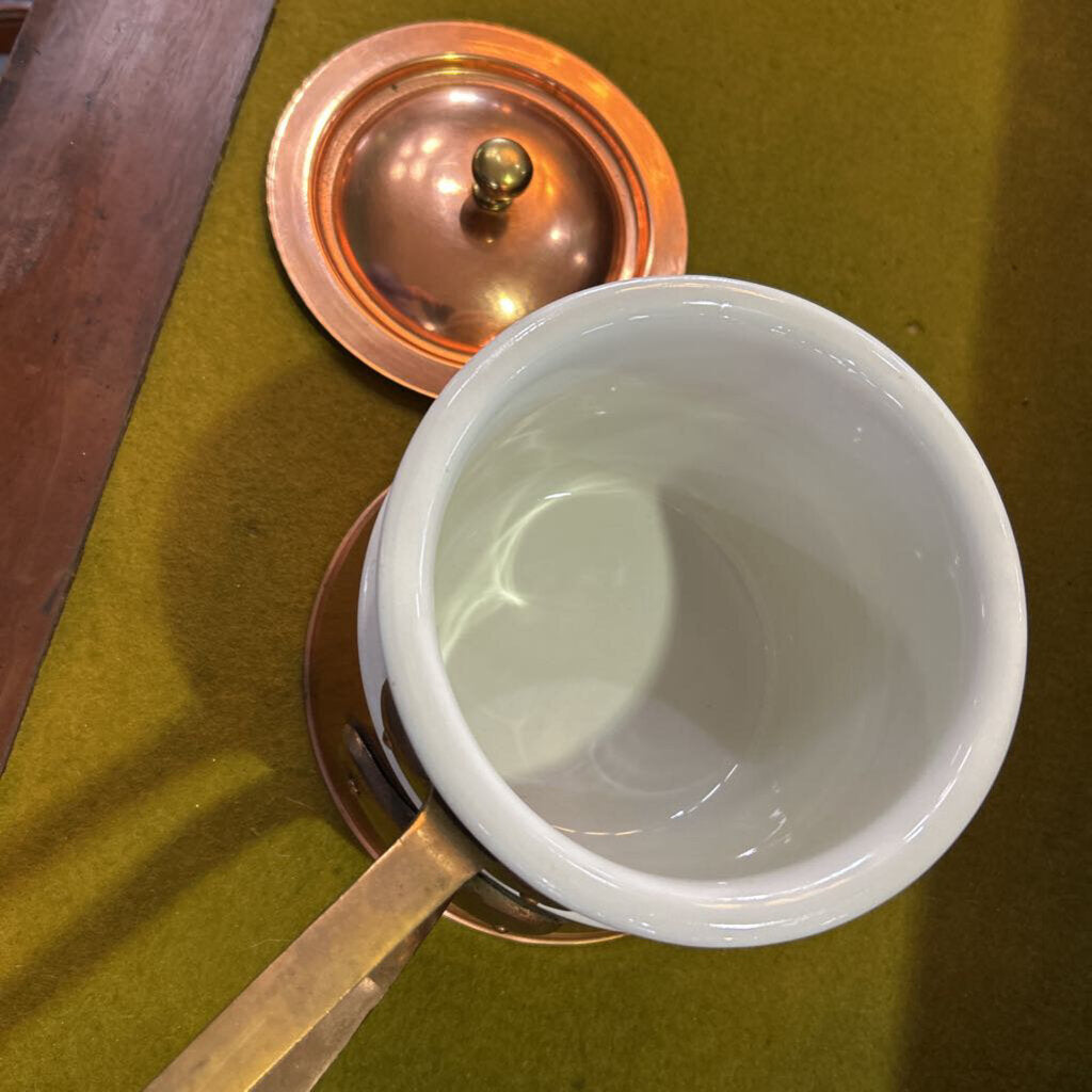 Bazar Francais "666" copper and ceramic double boiler. Manufactured in New York City 1940s-60s