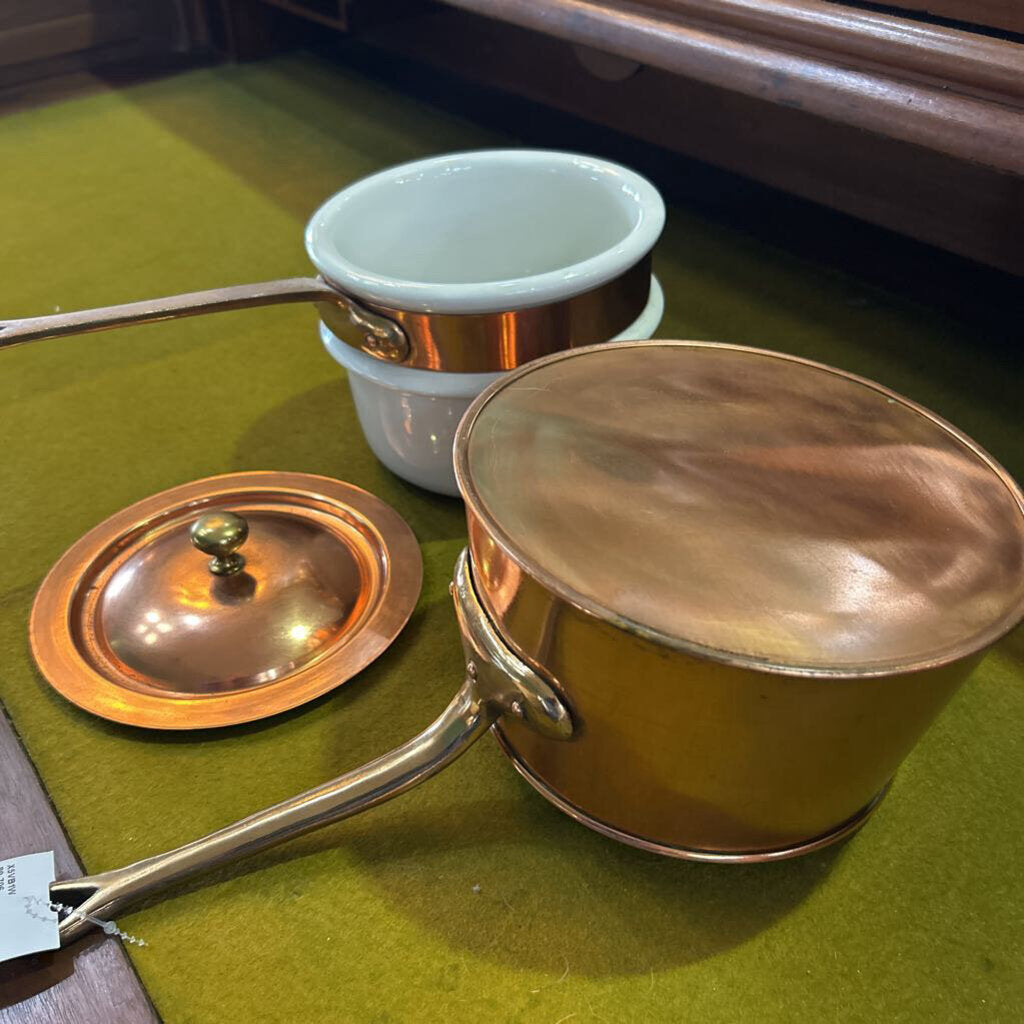 Bazar Francais "666" copper and ceramic double boiler. Manufactured in New York City 1940s-60s