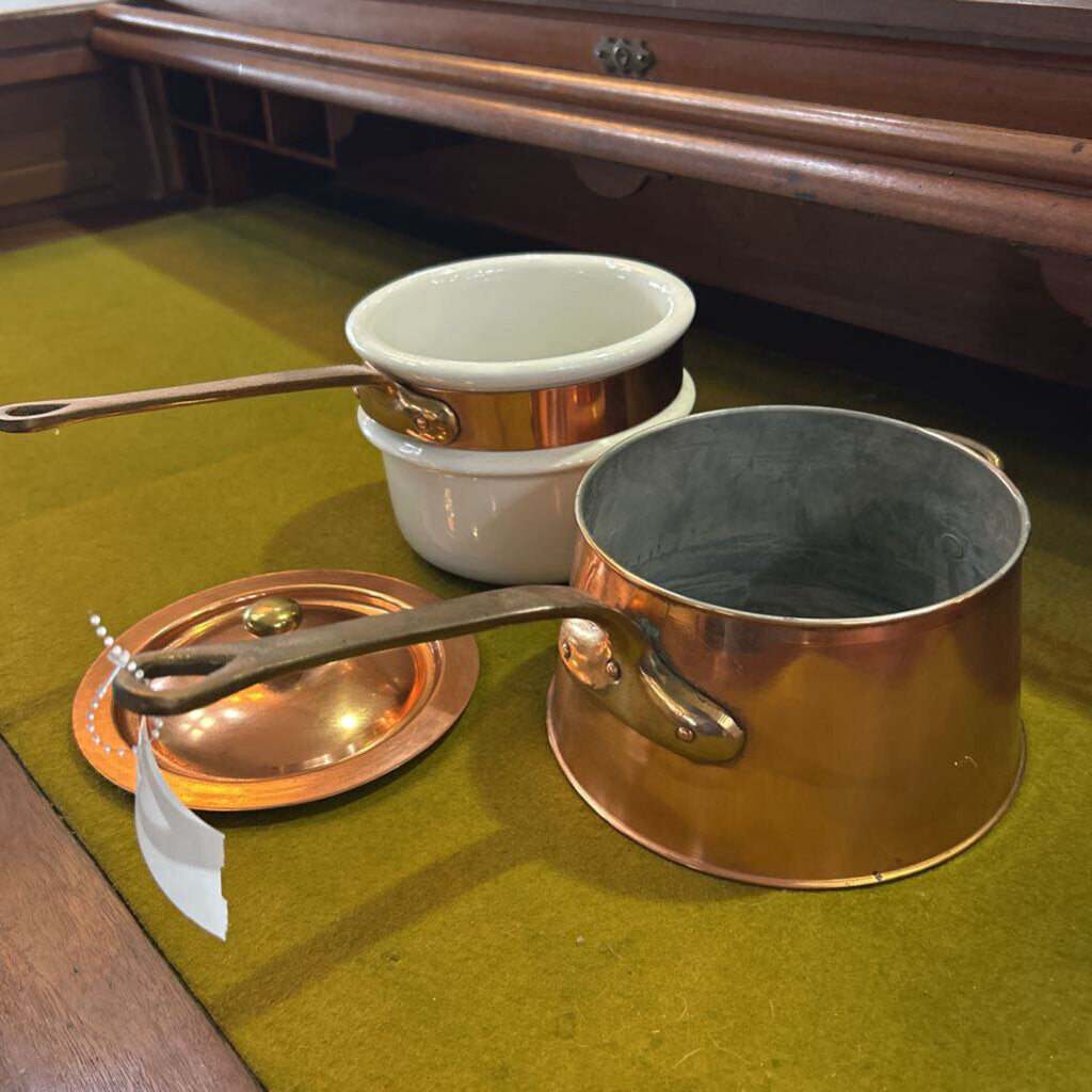 Bazar Francais "666" copper and ceramic double boiler. Manufactured in New York City 1940s-60s