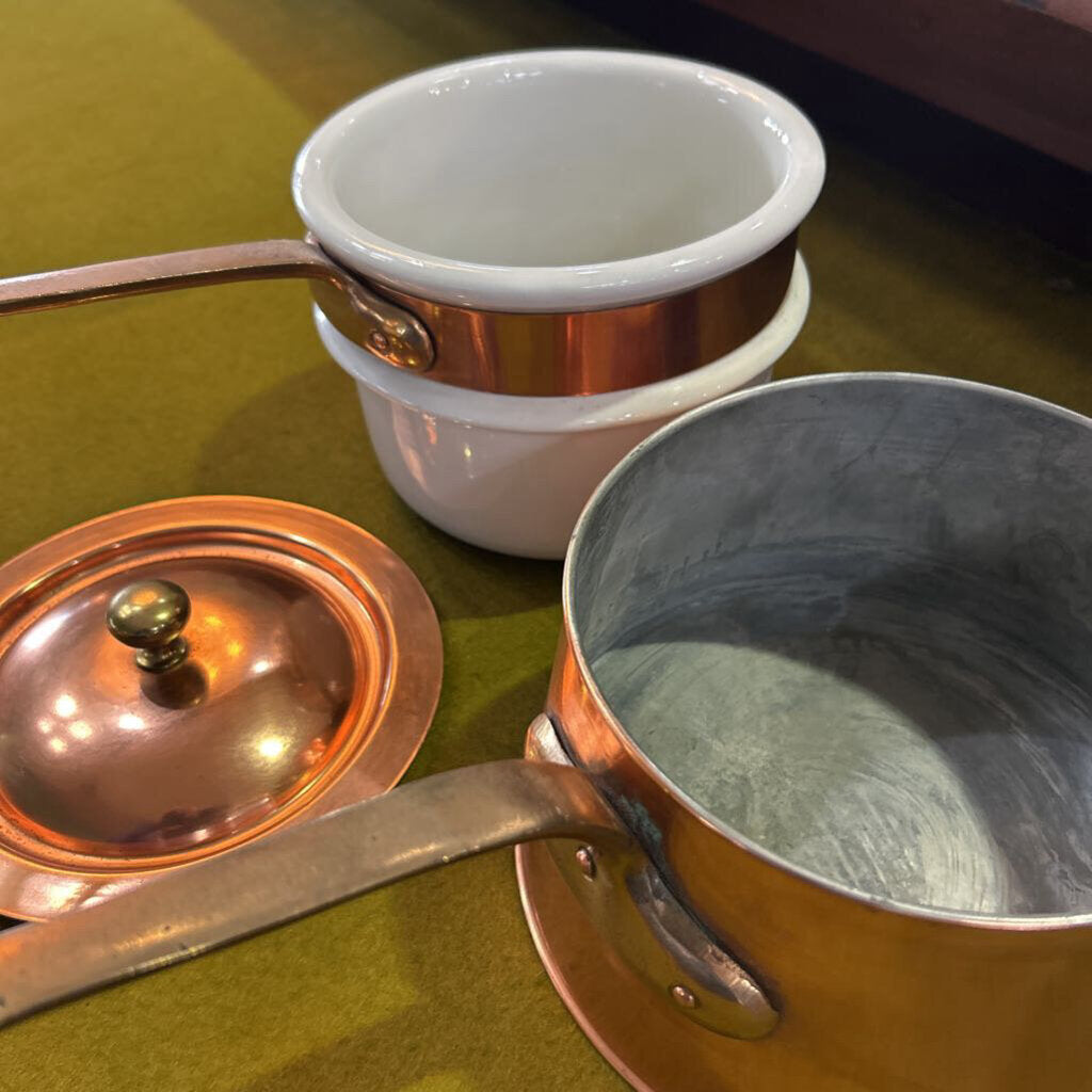 Bazar Francais "666" copper and ceramic double boiler. Manufactured in New York City 1940s-60s