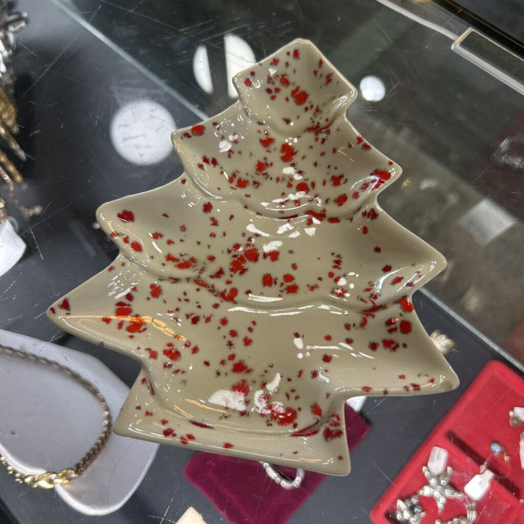 Mid-Century Ceramic Christmas Tree Candy Dish, Red Splatter. *as is*