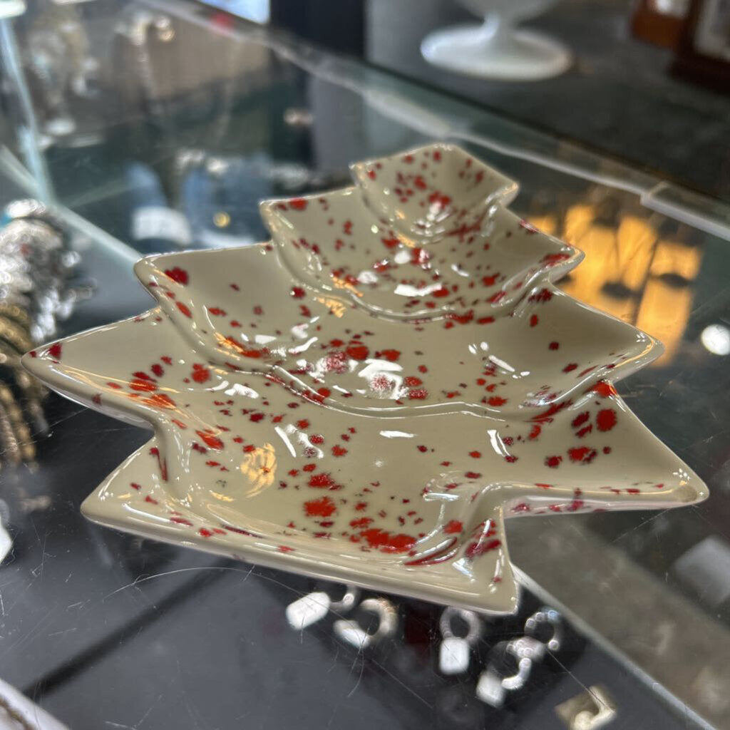 Mid-Century Ceramic Christmas Tree Candy Dish, Red Splatter. *as is*