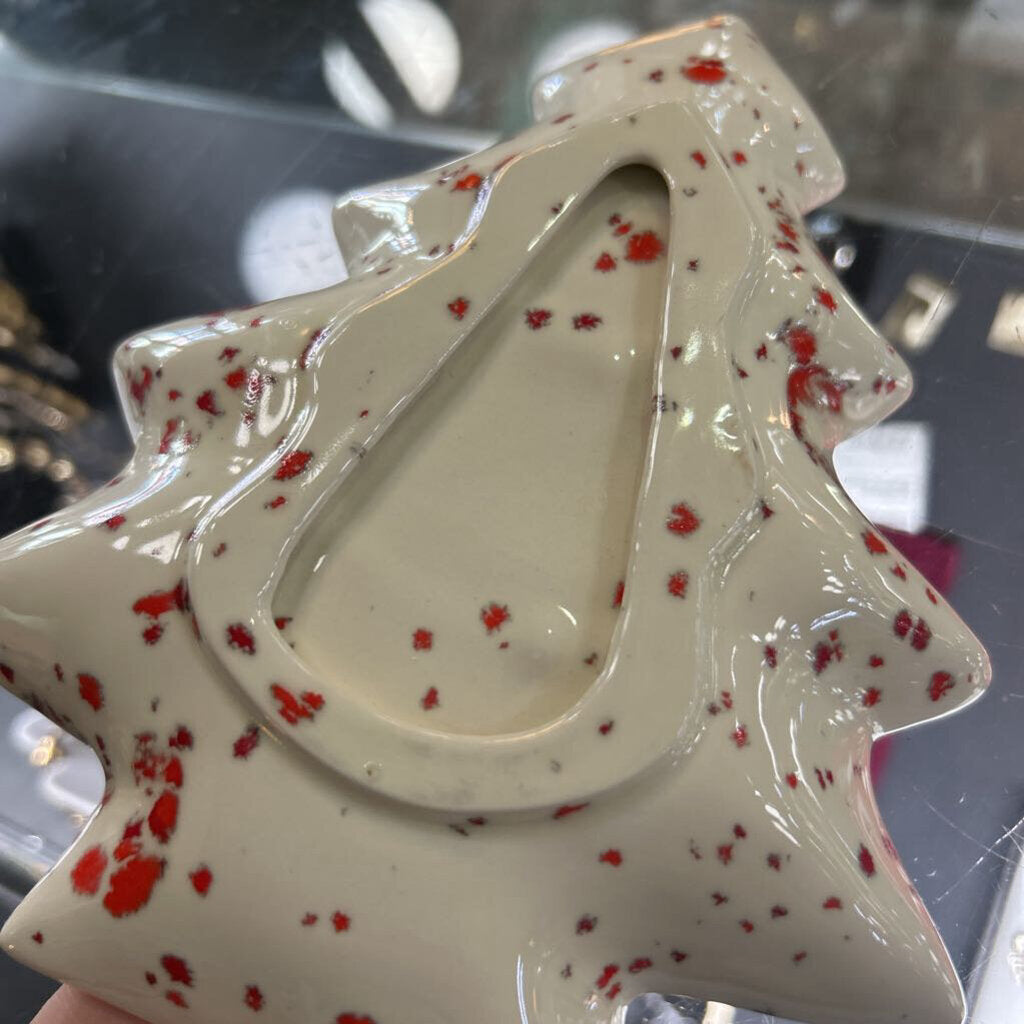 Mid-Century Ceramic Christmas Tree Candy Dish, Red Splatter. *as is*