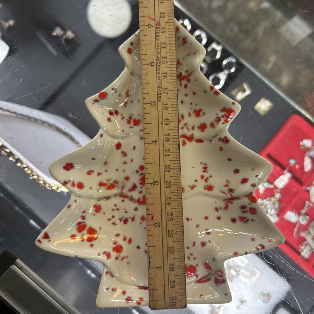 Mid-Century Ceramic Christmas Tree Candy Dish, Red Splatter. *as is*