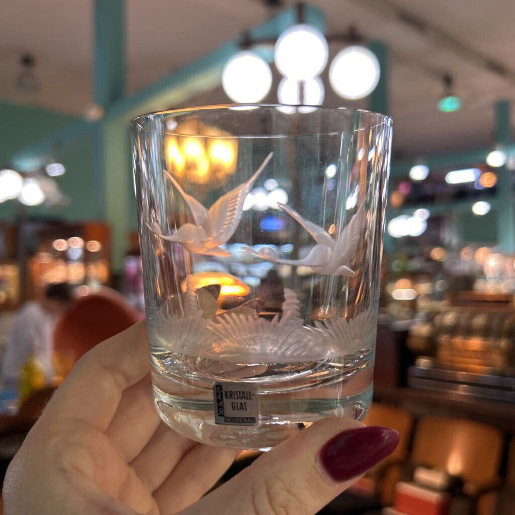 Vintage E&AB Neudenau hand engraved wildlife crystal Rocks/ Old Fashioned glasses; set of 6. Circa 1950-60
