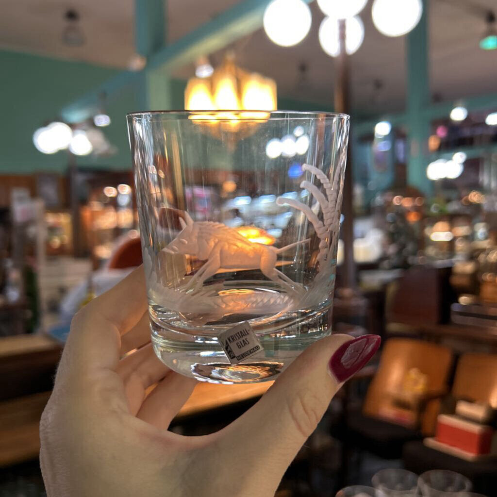 Vintage E&AB Neudenau hand engraved wildlife crystal Rocks/ Old Fashioned glasses; set of 6. Circa 1950-60