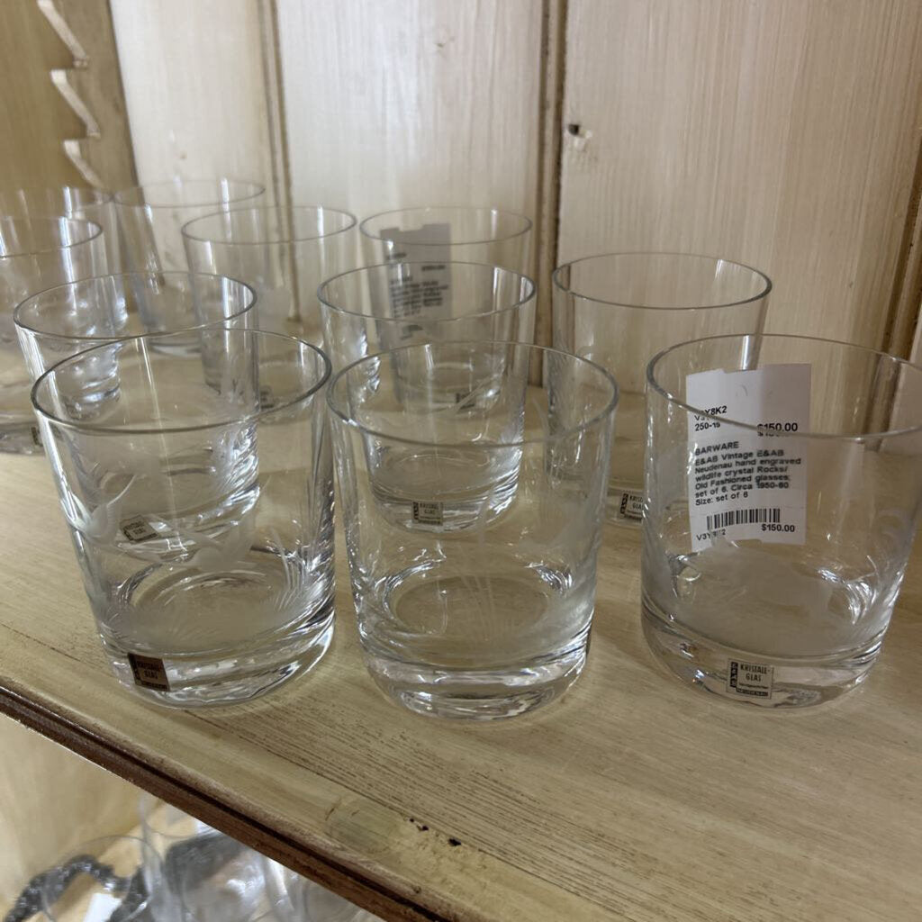 Vintage E&AB Neudenau hand engraved wildlife crystal Rocks/ Old Fashioned glasses; set of 6. Circa 1950-60