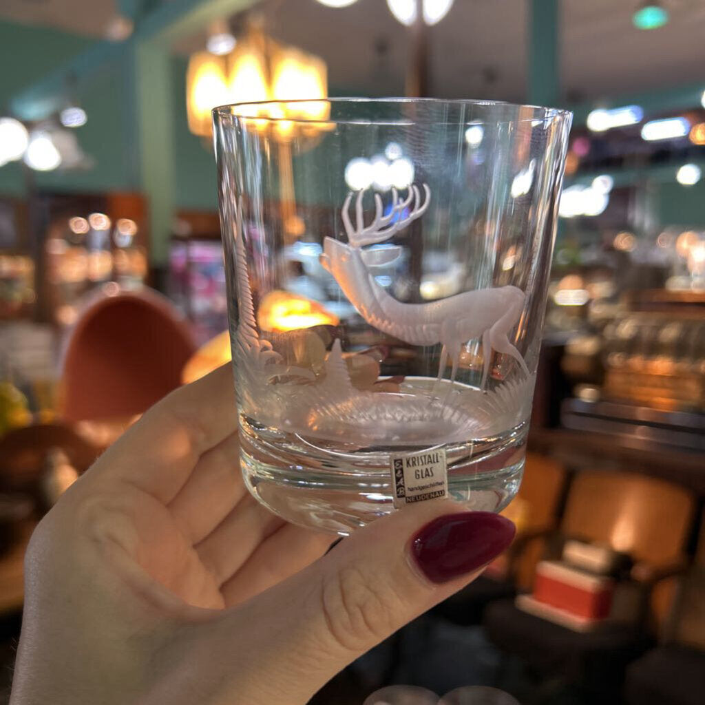 Vintage E&AB Neudenau hand engraved wildlife crystal Rocks/ Old Fashioned glasses; set of 6. Circa 1950-60