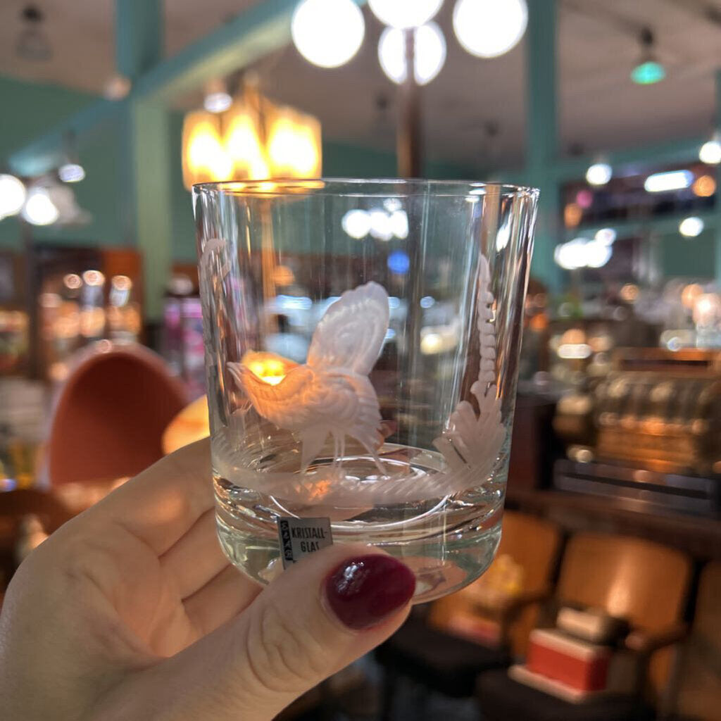 Vintage E&AB Neudenau hand engraved wildlife crystal Rocks/ Old Fashioned glasses; set of 6. Circa 1950-60