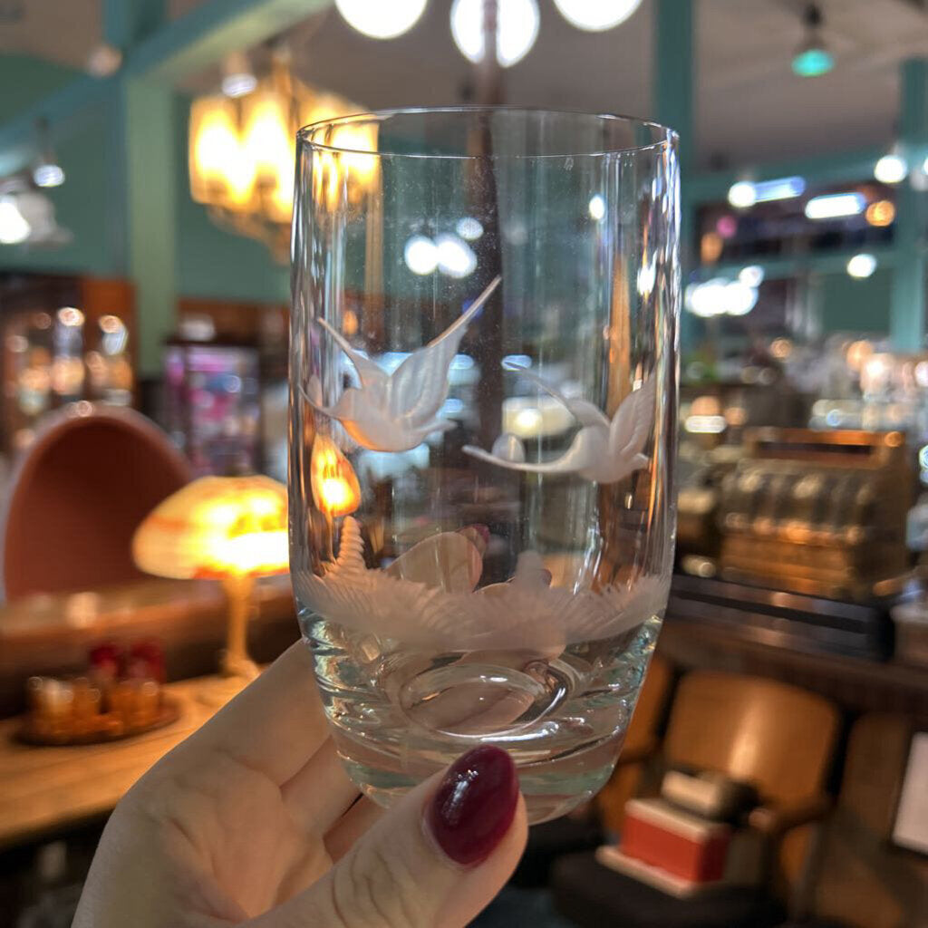 Vintage E&AB Neudenau hand engraved wildlife crystal Highball glasses; set of 6. Circa 1950-60