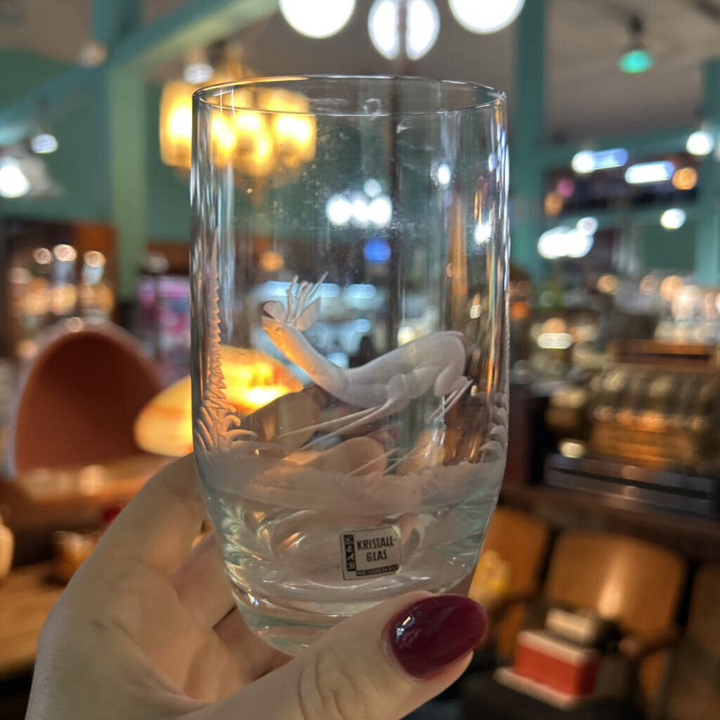 Vintage E&AB Neudenau hand engraved wildlife crystal Highball glasses; set of 6. Circa 1950-60