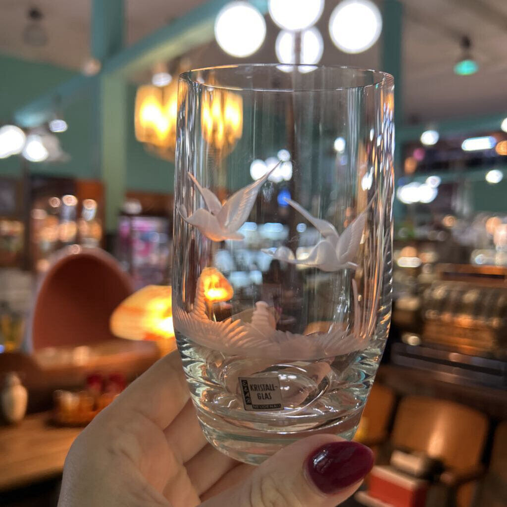 Vintage E&AB Neudenau hand engraved wildlife crystal Highball glasses; set of 6. Circa 1950-60
