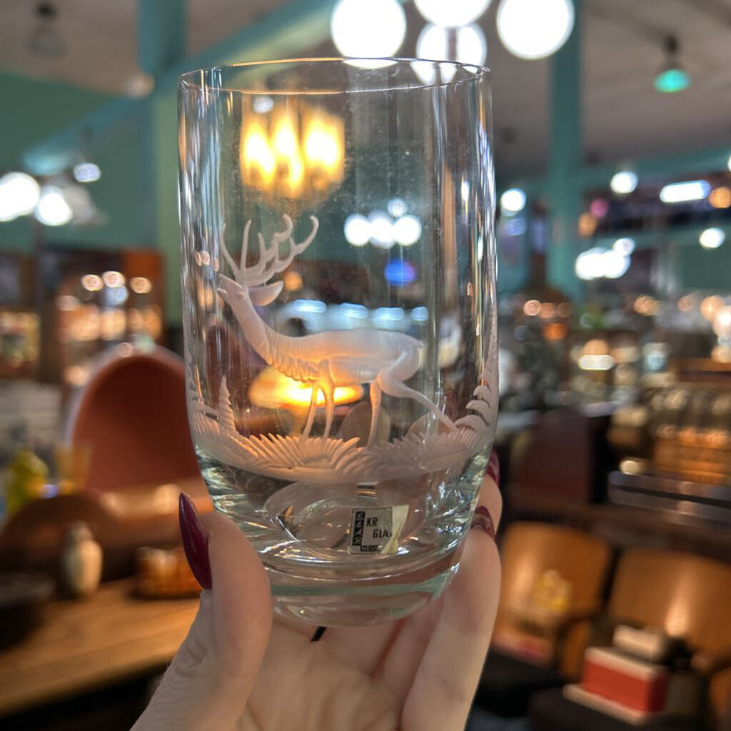 Vintage E&AB Neudenau hand engraved wildlife crystal Highball glasses; set of 6. Circa 1950-60