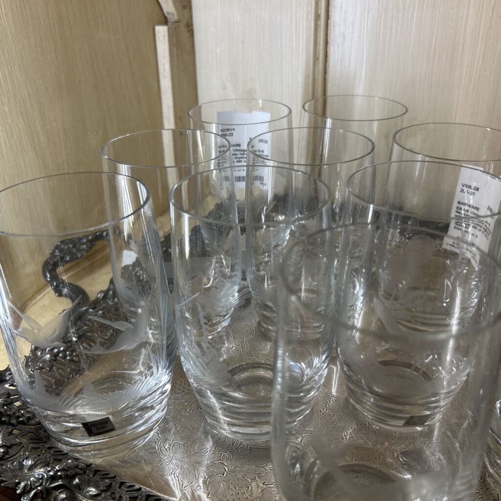 Vintage E&AB Neudenau hand engraved wildlife crystal Highball glasses; set of 6. Circa 1950-60