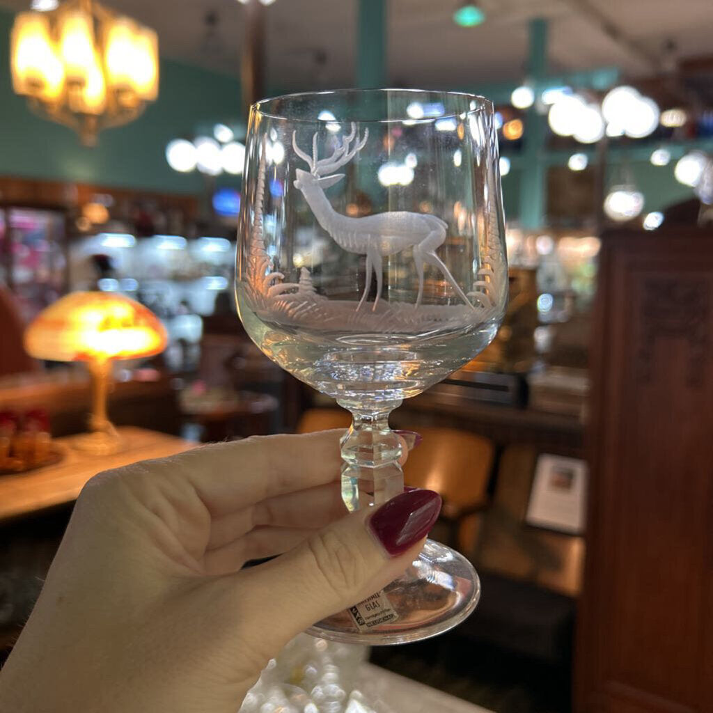 Vintage E&AB Neudenau hand engraved wildlife crystal Wine glasses; set of 7. Circa 1950-60
