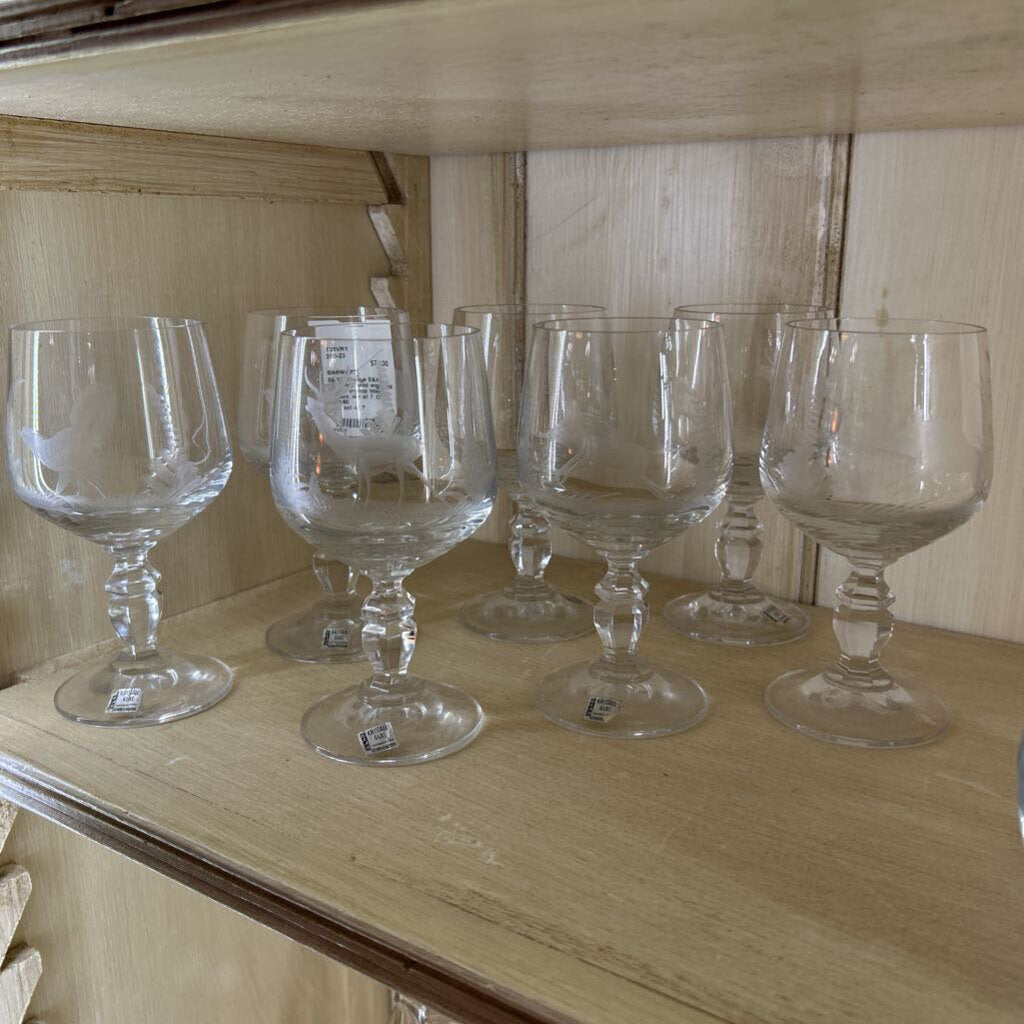 Vintage E&AB Neudenau hand engraved wildlife crystal Wine glasses; set of 7. Circa 1950-60