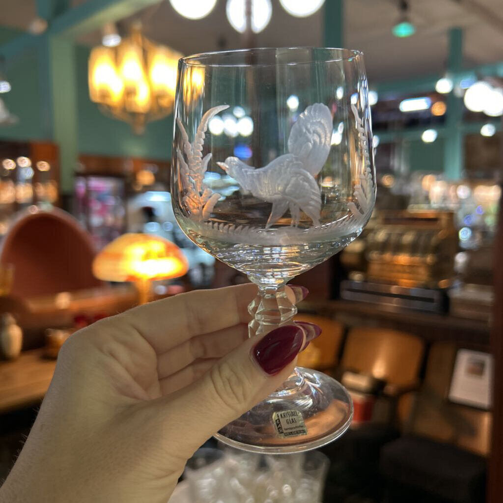 Vintage E&AB Neudenau hand engraved wildlife crystal Wine glasses; set of 7. Circa 1950-60