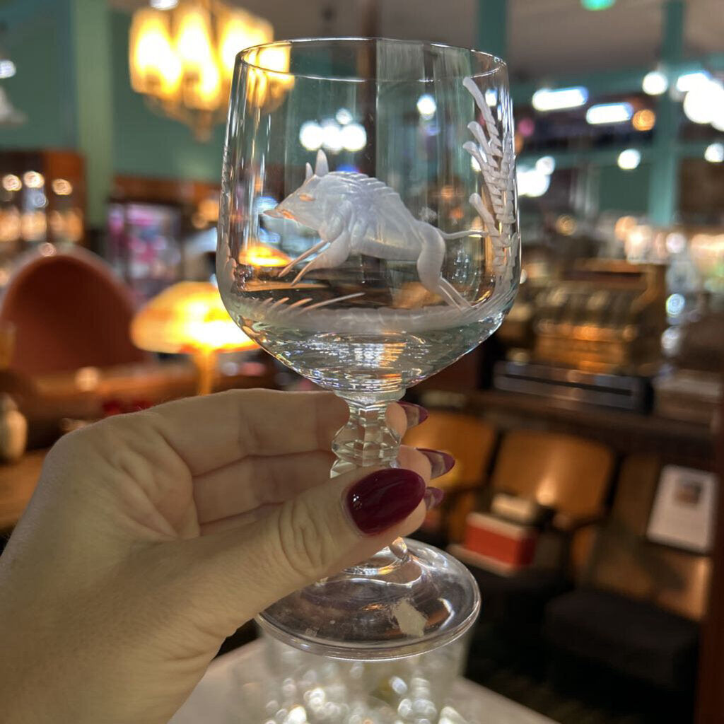 Vintage E&AB Neudenau hand engraved wildlife crystal Wine glasses; set of 7. Circa 1950-60