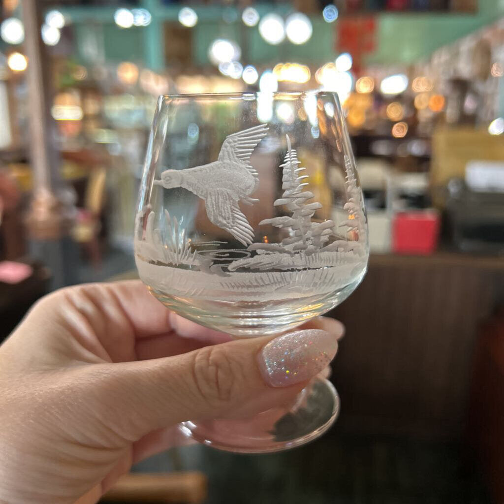 Vintage E&AB Neudenau hand engraved wildlife crystal snifter glasses; set of 6, and matching decanter w/ stopper. Circa 1950-60